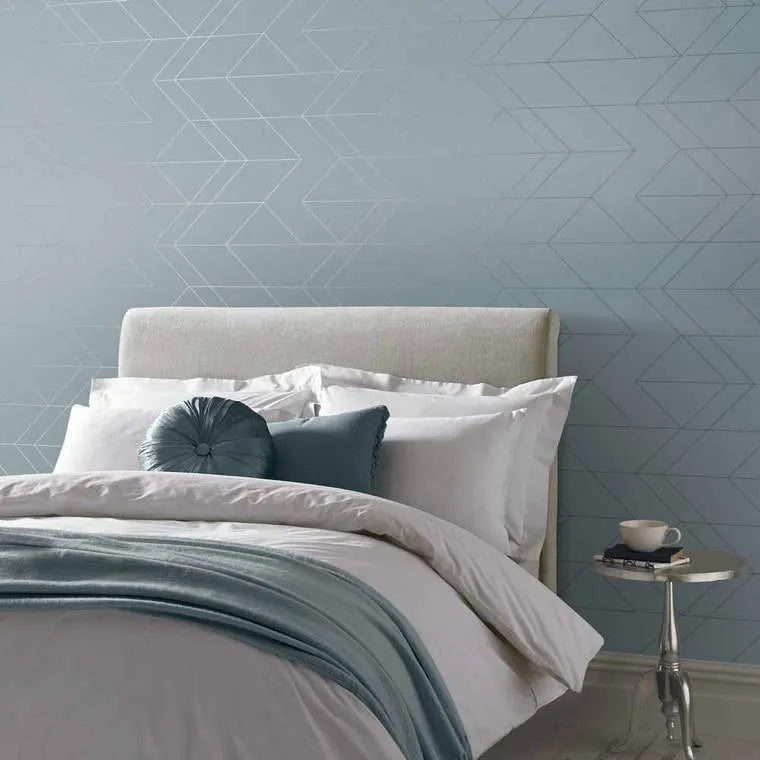 Closeup of a wallpaper showing its Blue, Contemporary, Geometric pattern, color, and subtle texture.