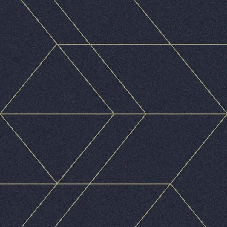 Closeup of a wallpaper showing its Blue, Contemporary, Geometric, Gold pattern, color, and subtle texture.