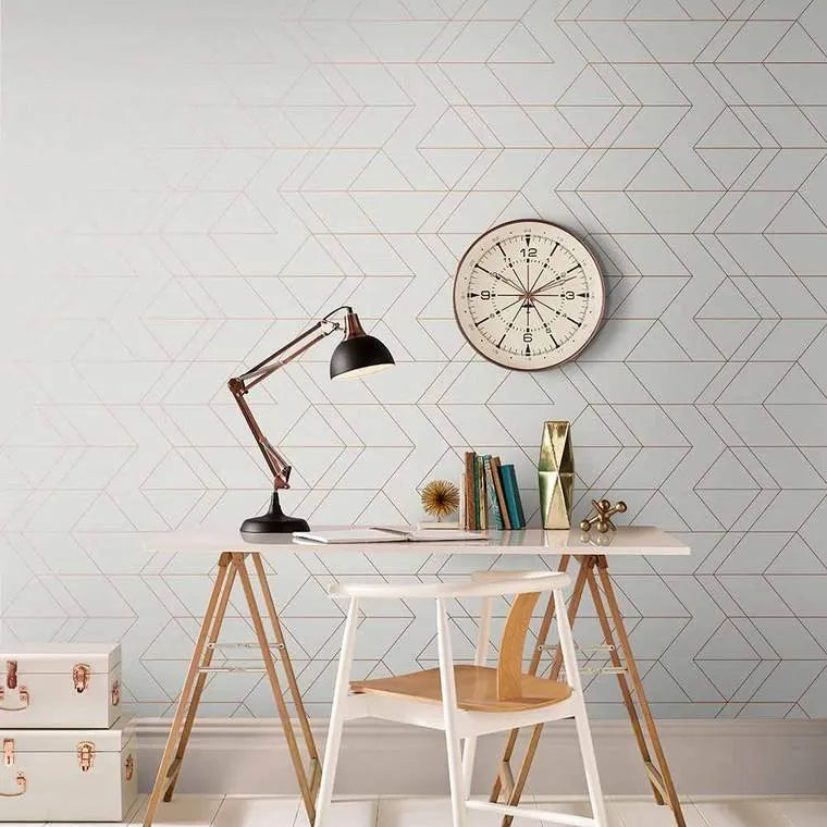 Closeup of a wallpaper showing its Contemporary, Geometric, White pattern, color, and subtle texture.