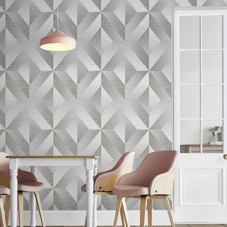 Closeup of a wallpaper showing its Contemporary, Geometric, Grey, Metallic, Monochrome, Silver, Two-tone pattern, color, and subtle texture.