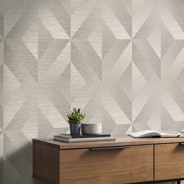 Closeup of a wallpaper showing its Contemporary, Geometric, Grey, Metallic, Taupe, Two-tone pattern, color, and subtle texture.