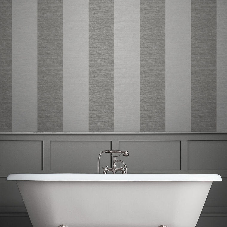 Closeup of a wallpaper showing its Contemporary, Grey, Metallic, Monochrome, Silver, Stripes, Two-tone pattern, color, and subtle texture.