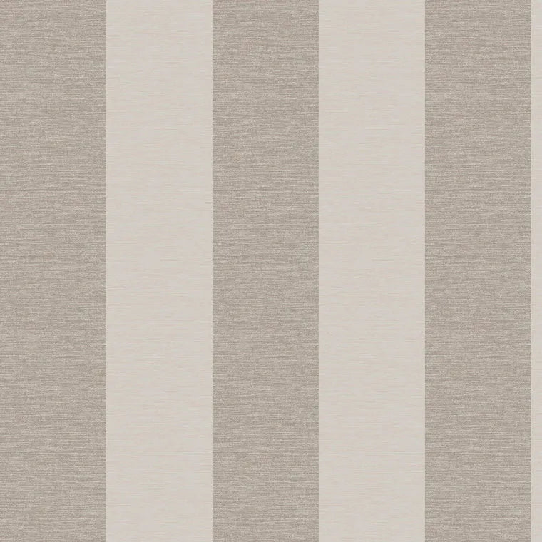 Closeup of a wallpaper showing its Contemporary, Metallic, Stripes, Taupe, Two-tone pattern, color, and subtle texture.