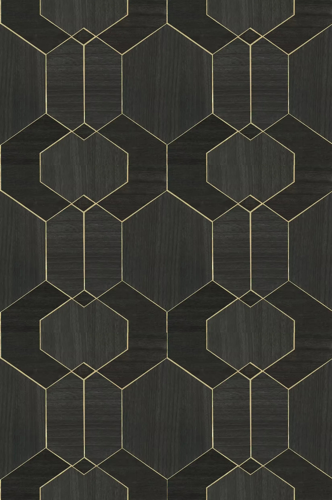 Closeup of a wallpaper showing its Black, Geometric, Wood-veneer pattern, color, and subtle texture.