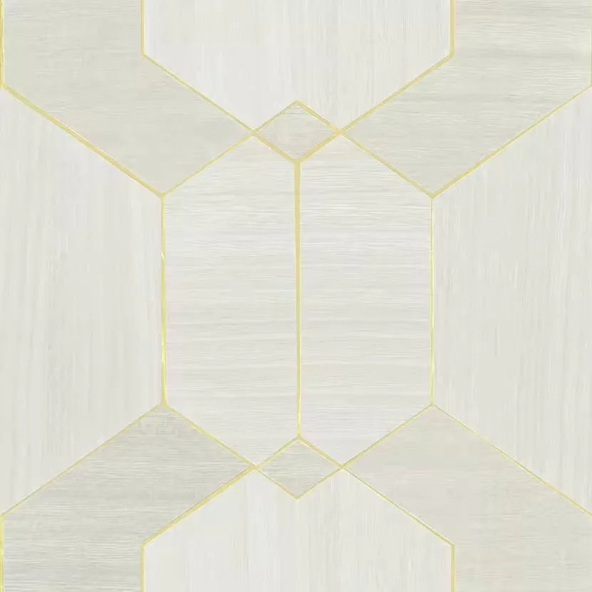 Closeup of a wallpaper showing its Geometric, White, Wood-veneer pattern, color, and subtle texture.