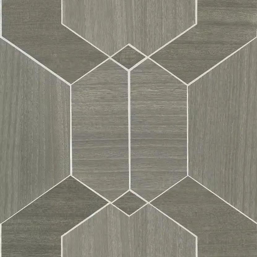 Closeup of a wallpaper showing its Geometric, Monochrome, Wood-veneer pattern, color, and subtle texture.