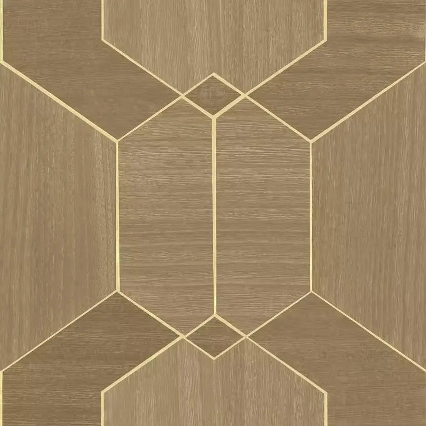 Closeup of a wallpaper showing its Geometric, Neutrals, Wood-veneer pattern, color, and subtle texture.