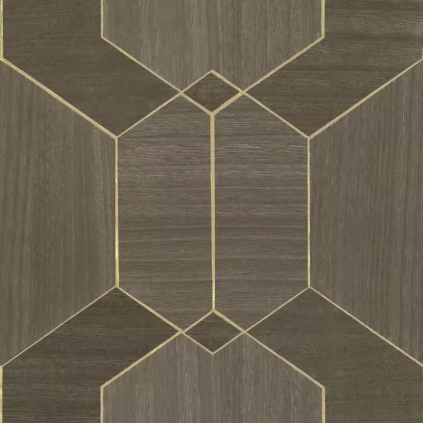 Closeup of a wallpaper showing its Geometric, Wood-veneer pattern, color, and subtle texture.