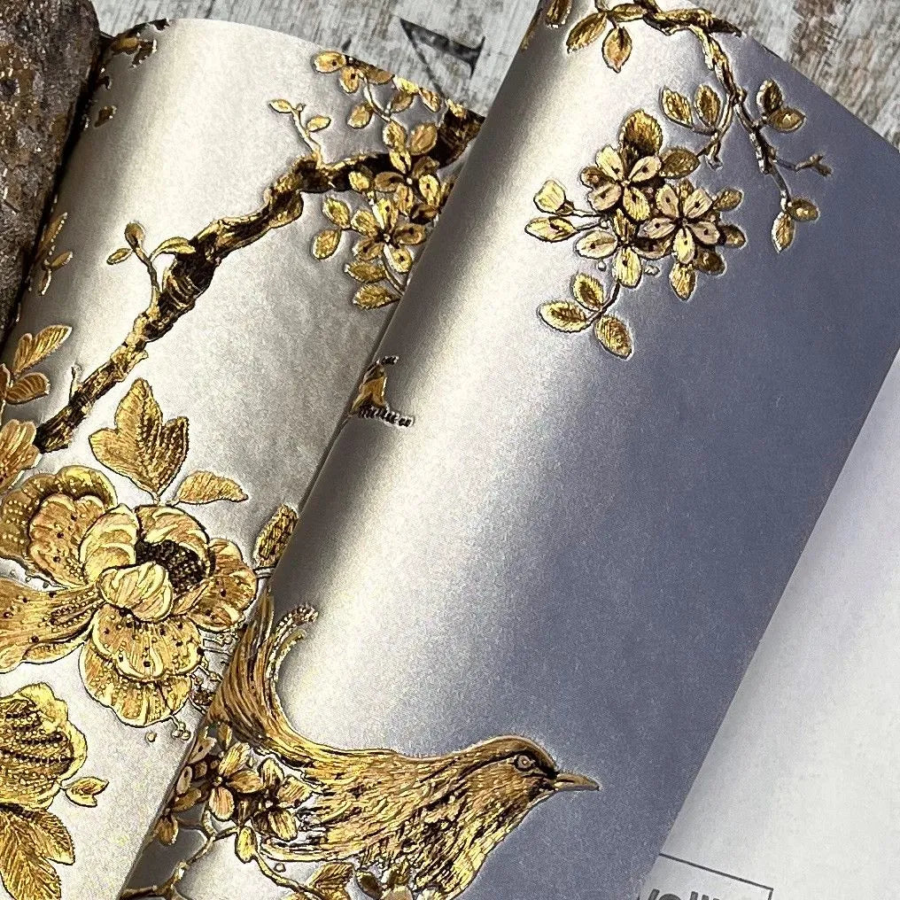 Closeup of a wallpaper showing its Birds, Floral, Gold, Luxury, Nature, Silver, Textures, Vinyl pattern, color, and subtle texture.