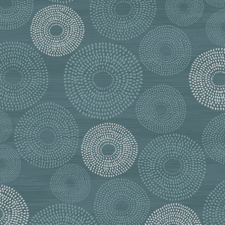 Closeup of a wallpaper showing its Blue, Circles, Contemporary pattern, color, and subtle texture.