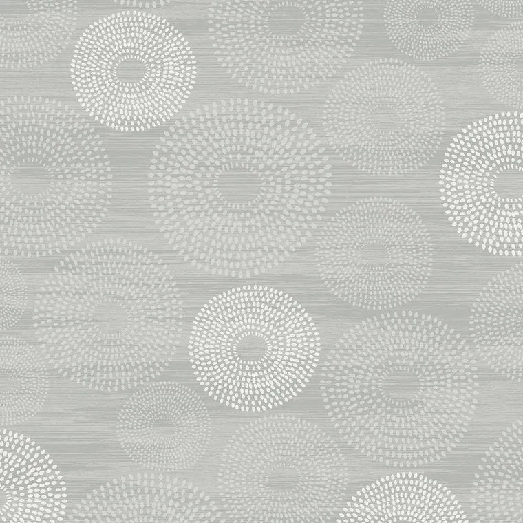 Closeup of a wallpaper showing its Circles, Contemporary, Monochrome, Silver pattern, color, and subtle texture.