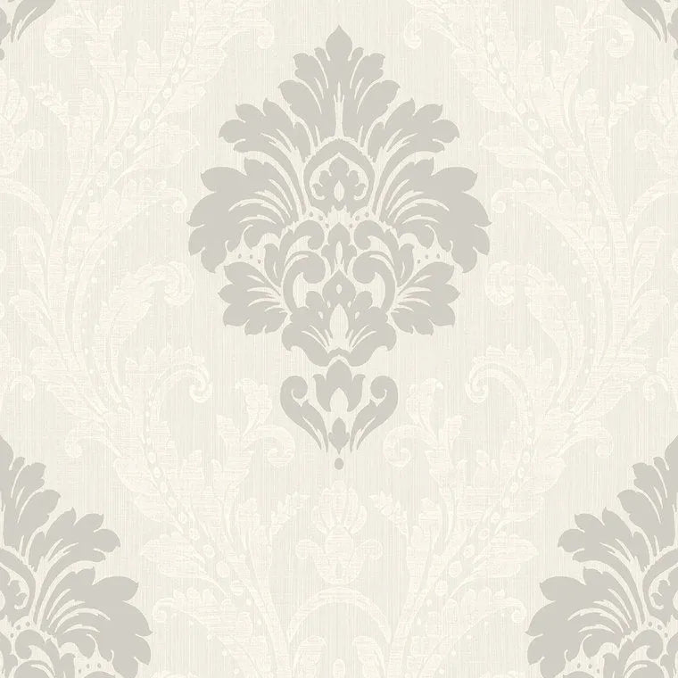 Closeup of a wallpaper showing its Damask, Neutrals, Textures, Two-tone pattern, color, and subtle texture.