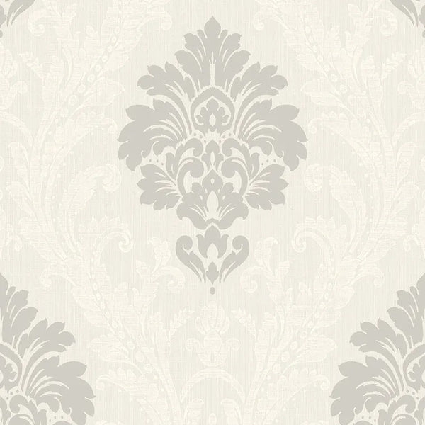 Closeup of a wallpaper showing its Damask, Neutrals, Textures, Two-tone pattern, color, and subtle texture.