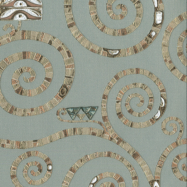 Decorative pattern with spirals and geometric shapes on a light green background
