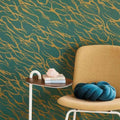 Wallpaper installed in a room showing its full pattern, color