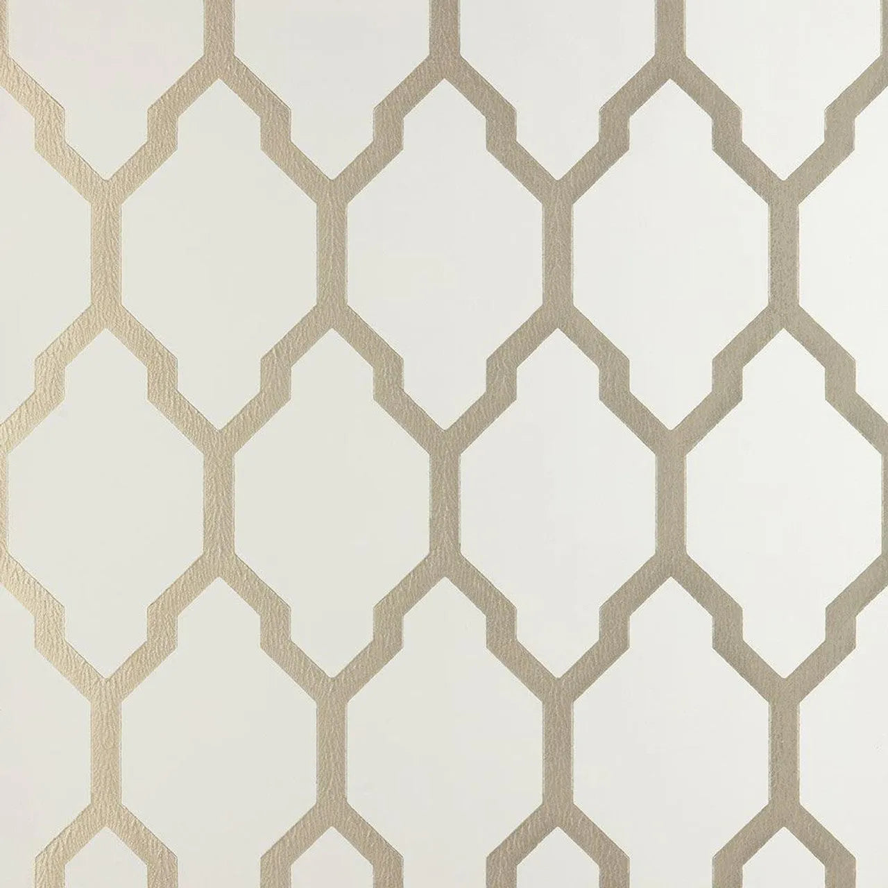 Closeup of a wallpaper showing its Contemporary, Geometric, Metallic, Neutrals, Trellis, Two-tone pattern, color, and subtle texture.