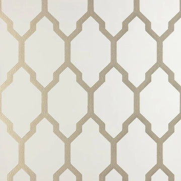 Closeup of a wallpaper showing its Contemporary, Geometric, Metallic, Neutrals, Trellis, Two-tone pattern, color, and subtle texture.