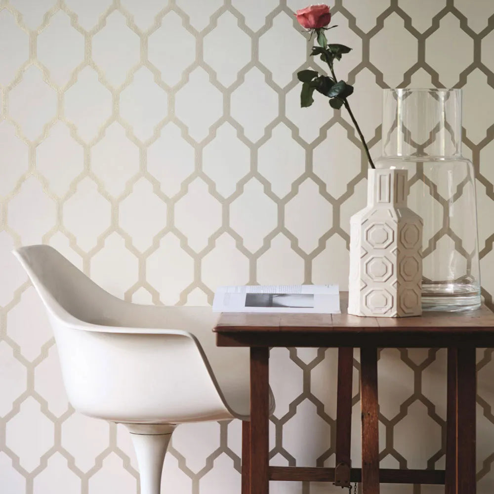 Closeup of a wallpaper showing its Contemporary, Geometric, Metallic, Neutrals, Trellis, Two-tone pattern, color, and subtle texture.