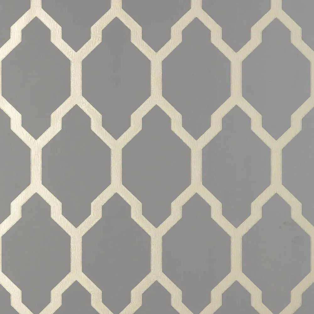 Closeup of a wallpaper showing its Contemporary, Geometric, Metallic, Trellis, Two-tone pattern, color, and subtle texture.