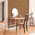 Wallpaper installed in a room showing its full pattern, color