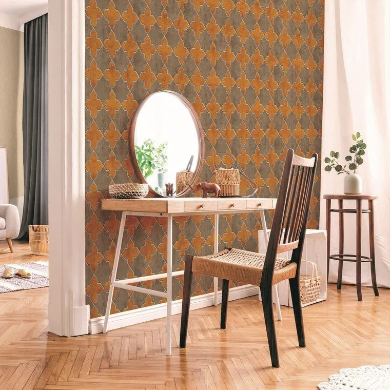 Wallpaper installed in a room showing its full pattern, color