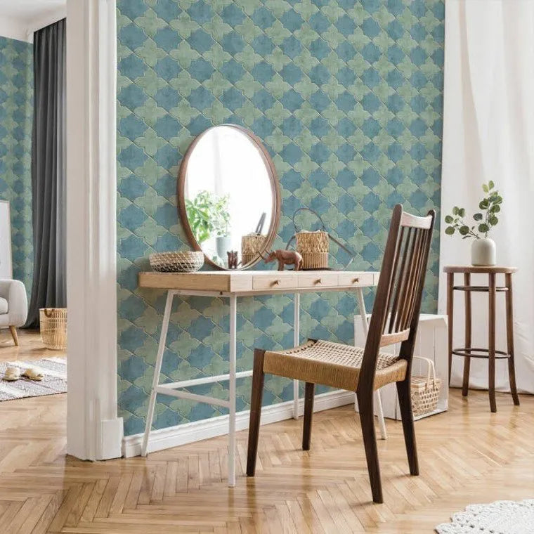 Wallpaper installed in a room showing its full pattern, color