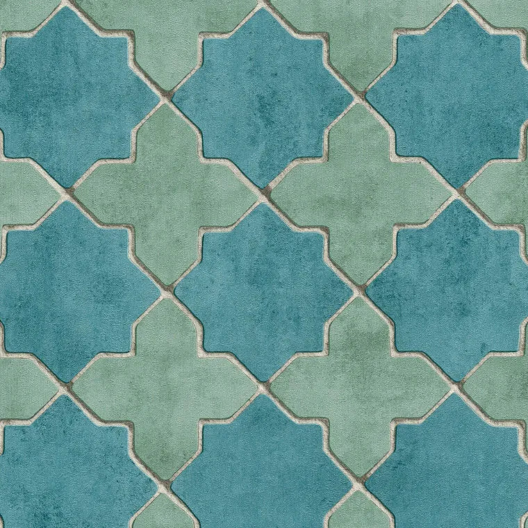 Closeup of a wallpaper showing its Blue, Geometric, Green, Two-tone pattern, color, and texture.