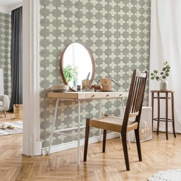 Wallpaper installed in a room showing its full pattern, color