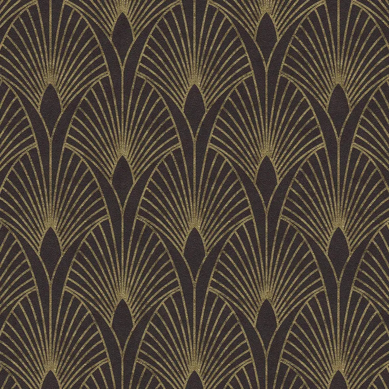 Closeup of a wallpaper showing its Art-Deco, Black, Dramatic, Gold, Two-tone pattern, color, and texture.