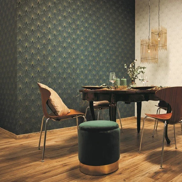Wallpaper installed in a room showing its full pattern, color