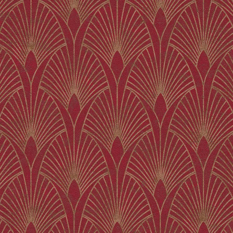 Closeup of a wallpaper showing its Art-Deco, Gold, Red, Two-tone pattern, color, and texture.