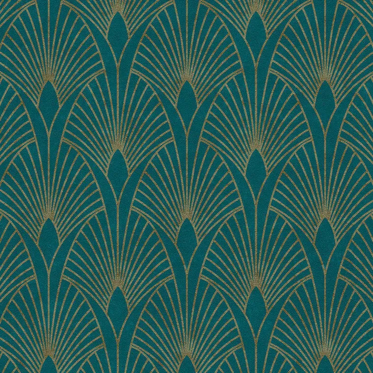 Closeup of a wallpaper showing its Art-Deco, Blue, Gold, Two-tone pattern, color, and texture.