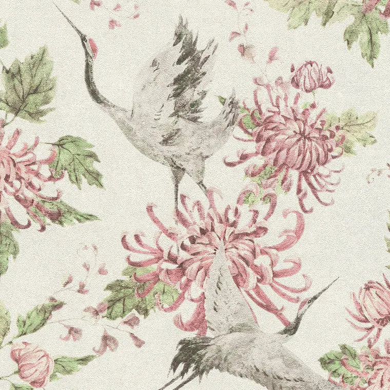 Closeup of a wallpaper showing its Birds, Floral, Multicolour, Nature, White pattern, color, and subtle texture.