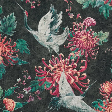 Closeup of a wallpaper showing its Birds, Black, Floral, Multicolour, Nature pattern, color, and subtle texture.