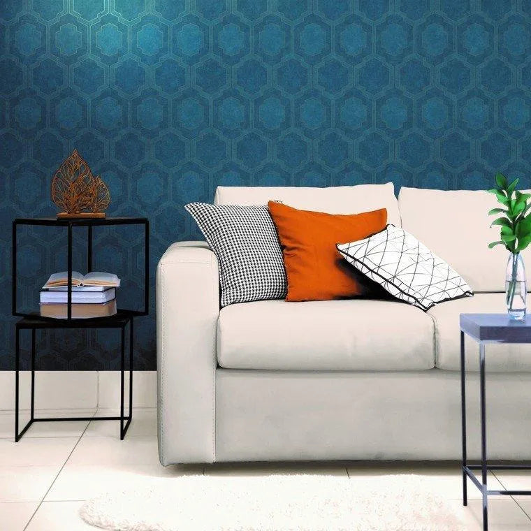 Wallpaper installed in a room showing its full pattern, color