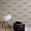 Wallpaper installed in a room showing its full pattern, color