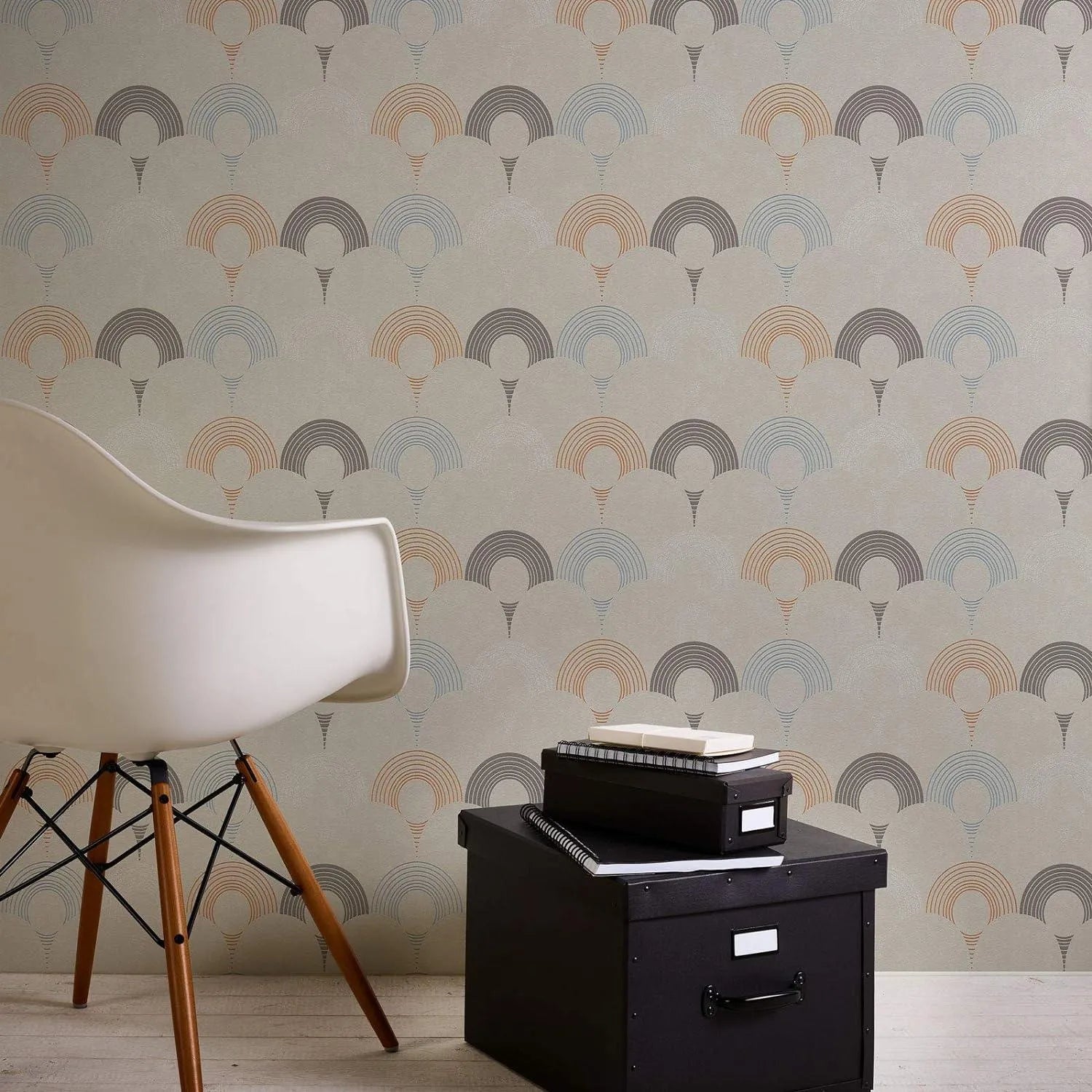 Wallpaper installed in a room showing its full pattern, color