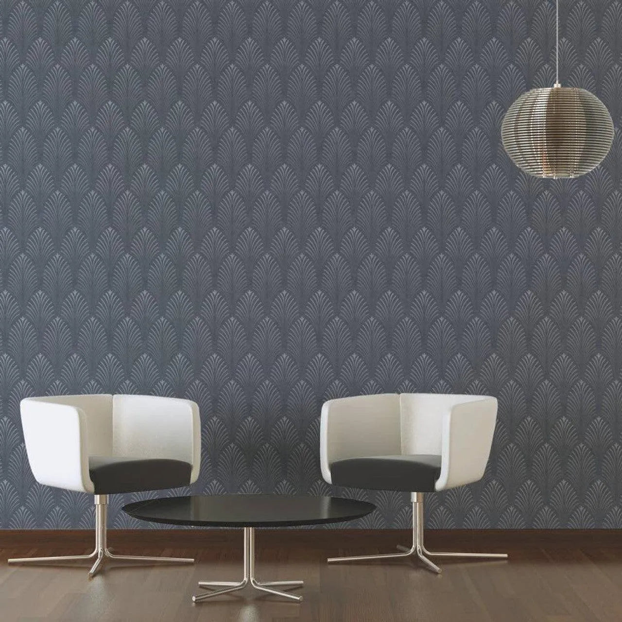 Wallpaper installed in a room showing its full pattern, color