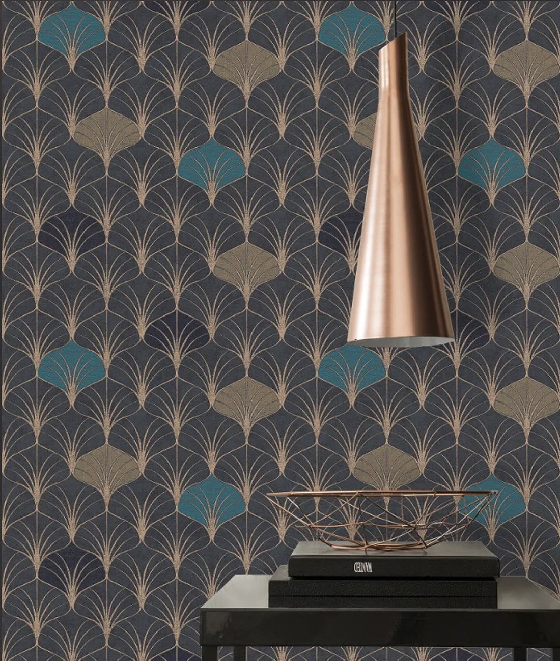 Closeup of a wallpaper showing its Art-Deco, Contemporary, Dramatic pattern, color, and texture.