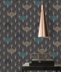 Wallpaper installed in a room showing its full pattern, color