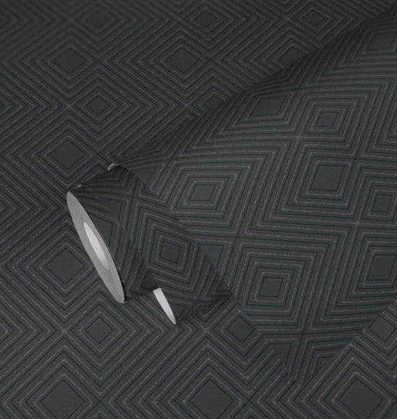 Closeup of a wallpaper showing its Black, Contemporary, Geometric, Monochrome, Plain pattern, color, and subtle texture.