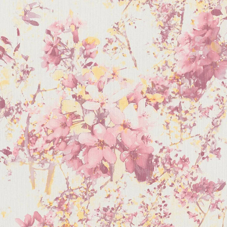 Closeup of a wallpaper showing its Floral, Multicolour, Pastels, Pink, White pattern, color, and texture.