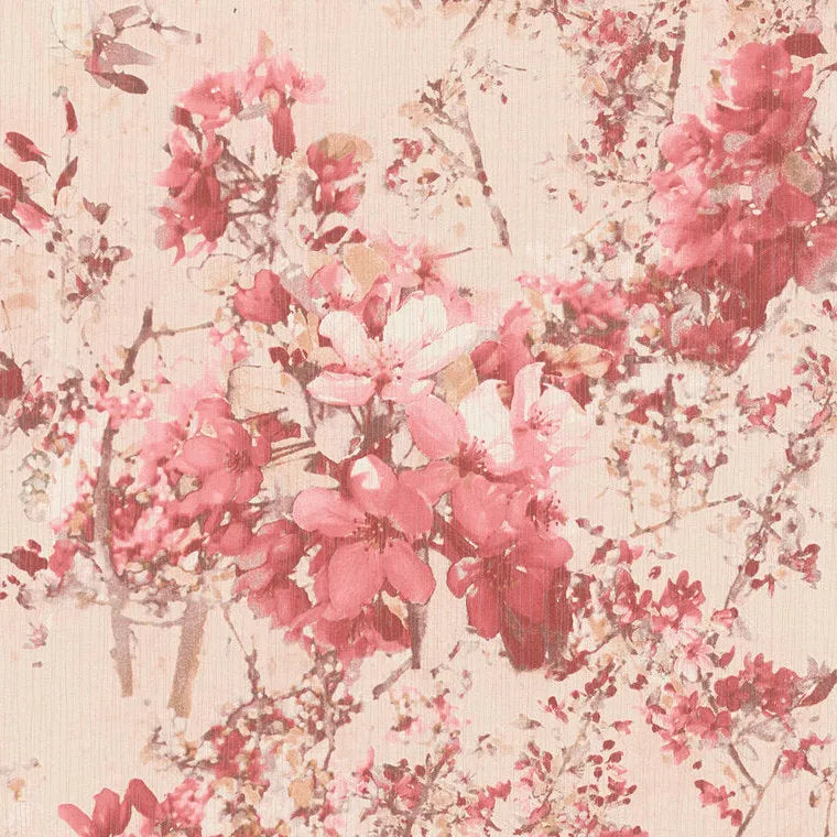 Closeup of a wallpaper showing its Floral, Nature, Neutrals, Red pattern, color, and subtle texture.