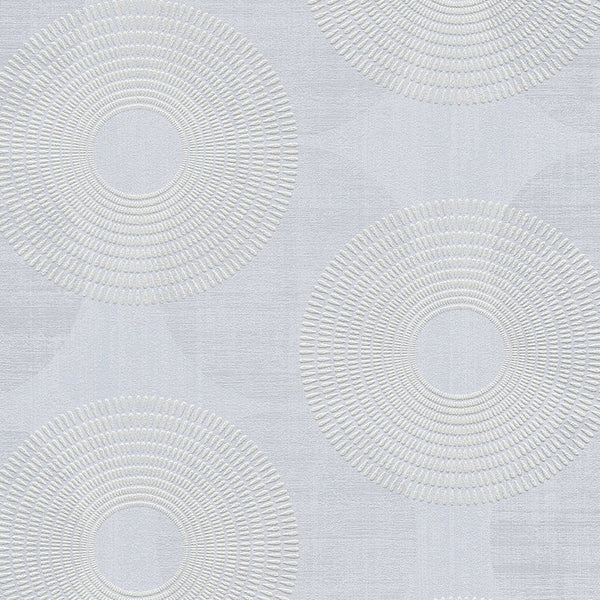 Closeup of a wallpaper showing its Blue, Circles, Contemporary, Grey pattern, color, and subtle texture.