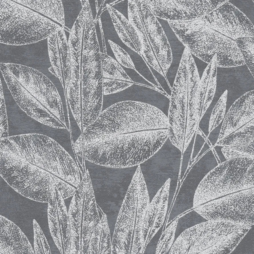 Closeup of a wallpaper showing its Black, Contemporary, Floral, Monochrome pattern, color, and subtle texture.