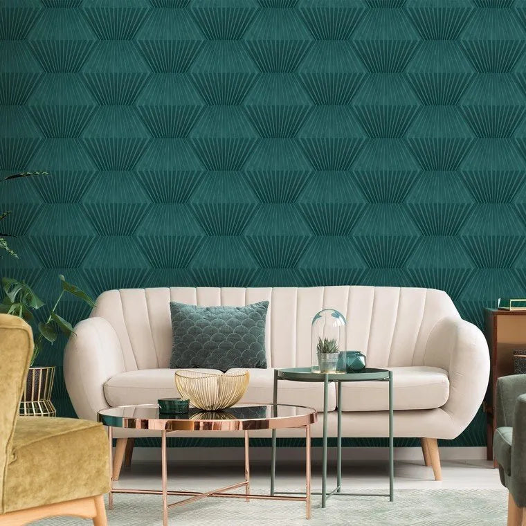 Wallpaper installed in a room showing its full pattern, color