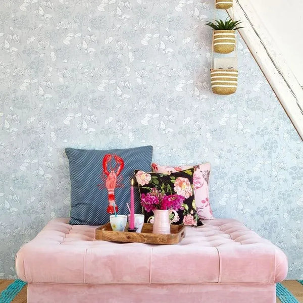 Wallpaper installed in a room showing its full pattern, color