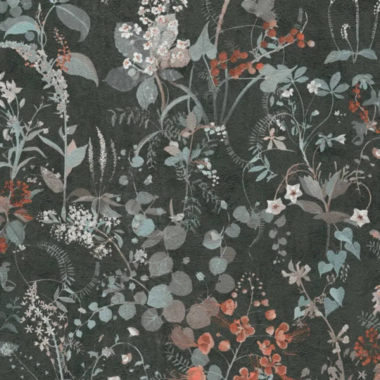 Closeup of a wallpaper showing its Black, Floral, Multicolour pattern, color, and texture.