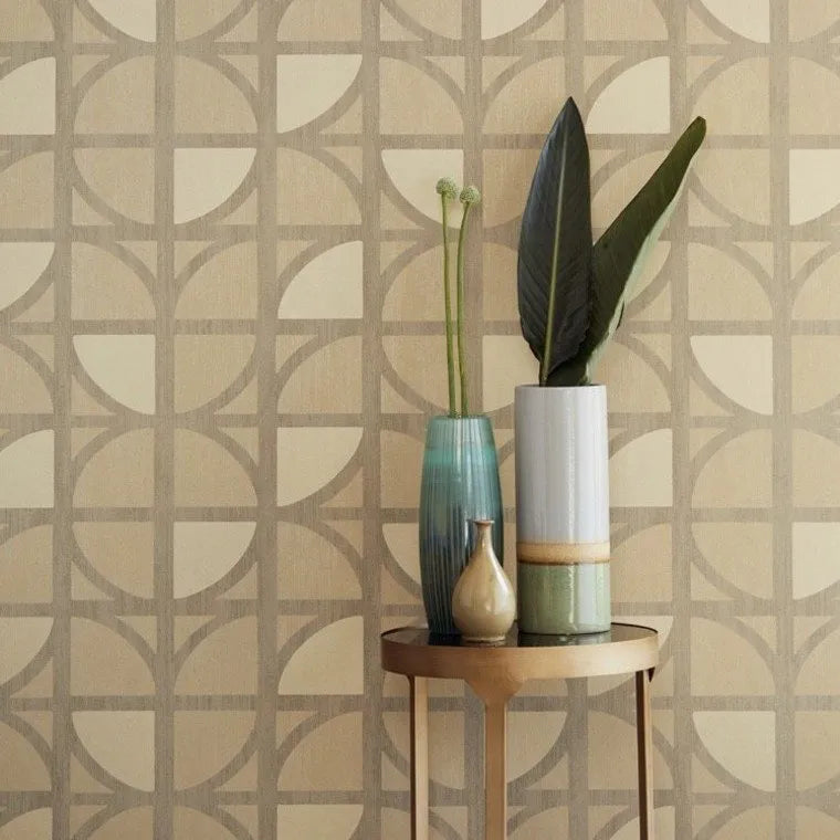 Closeup of a wallpaper showing its Art-Deco, Contemporary, Geometric, Neutrals, Two-tone pattern, color, and subtle texture.