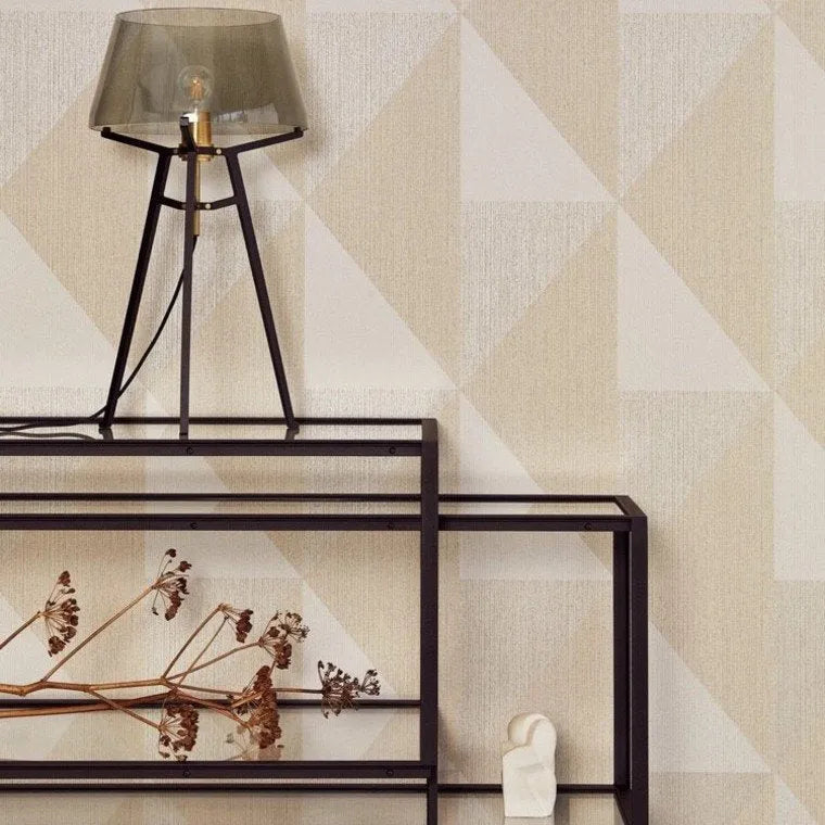 Closeup of a wallpaper showing its Art-Deco, Contemporary, Geometric, Neutrals, Two-tone pattern, color, and subtle texture.